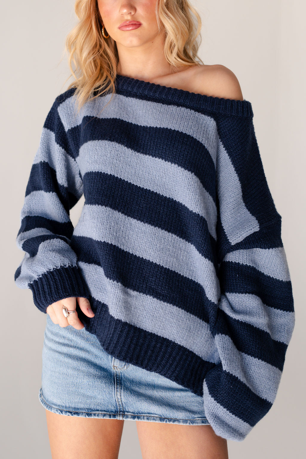 Claire Off Shoulder Stripe Sweater in Navy/Blue