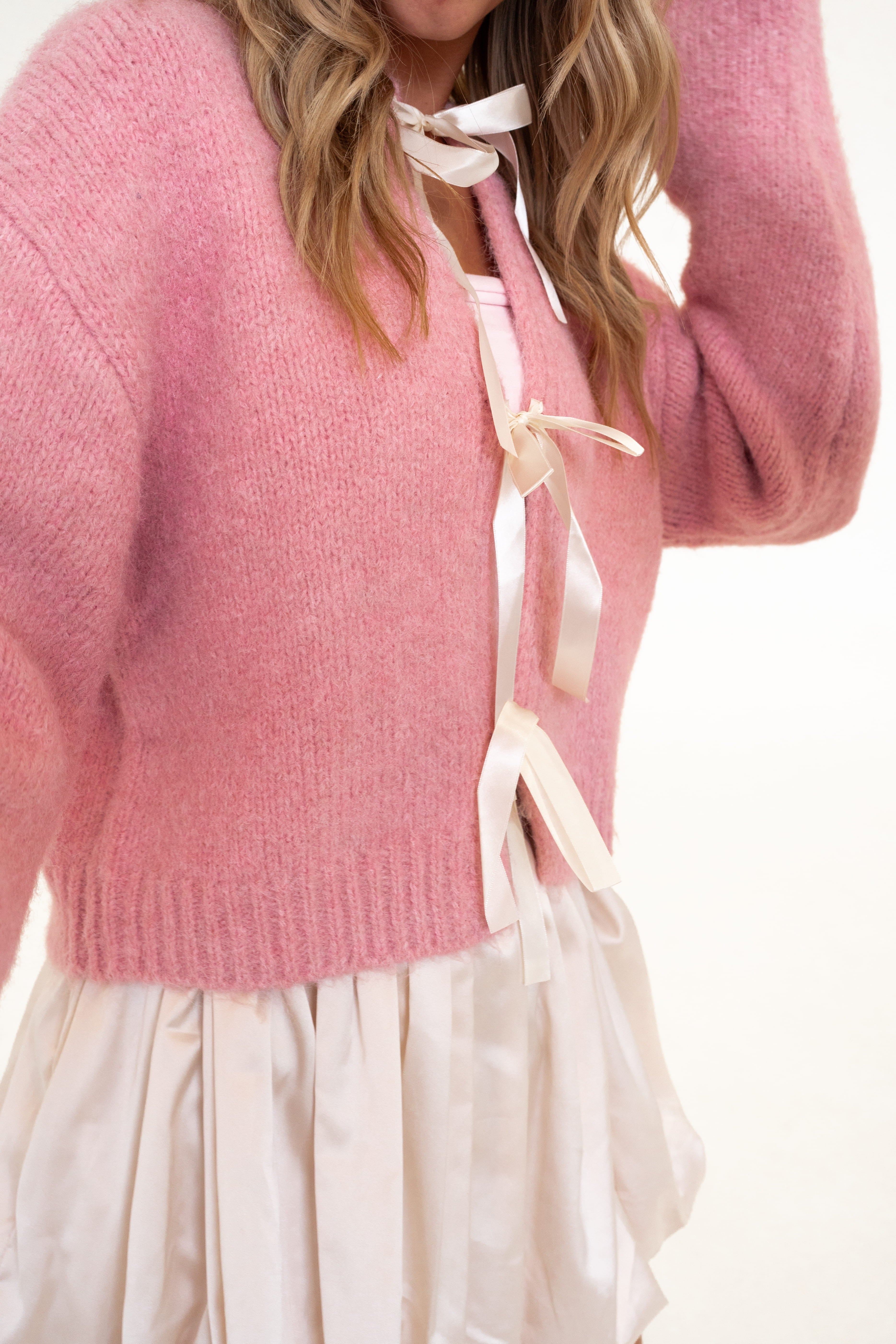 Juliette Satin Bow Cardigan in Pink – Sixteen