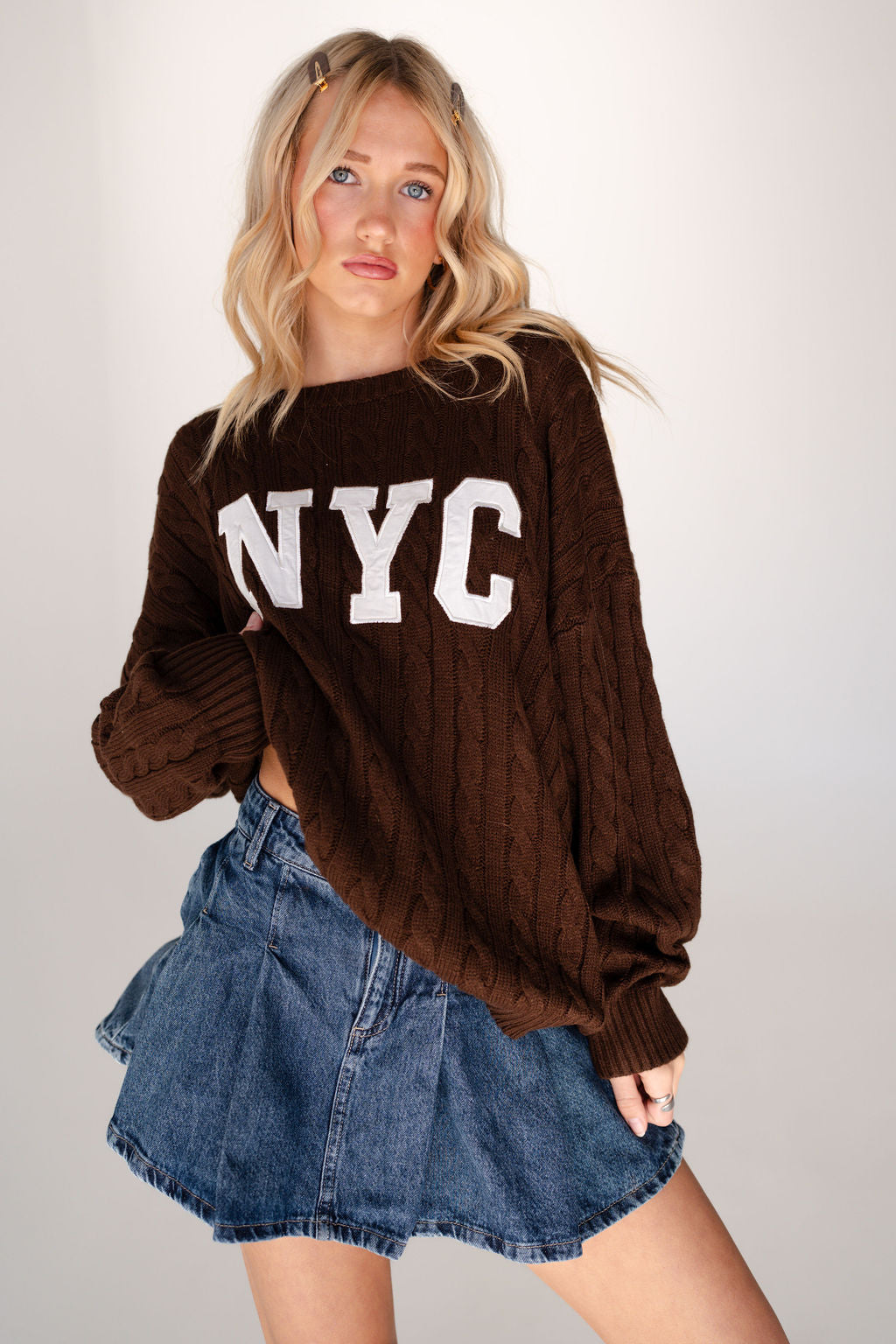 NYC Cable Knit Sweater in Brown