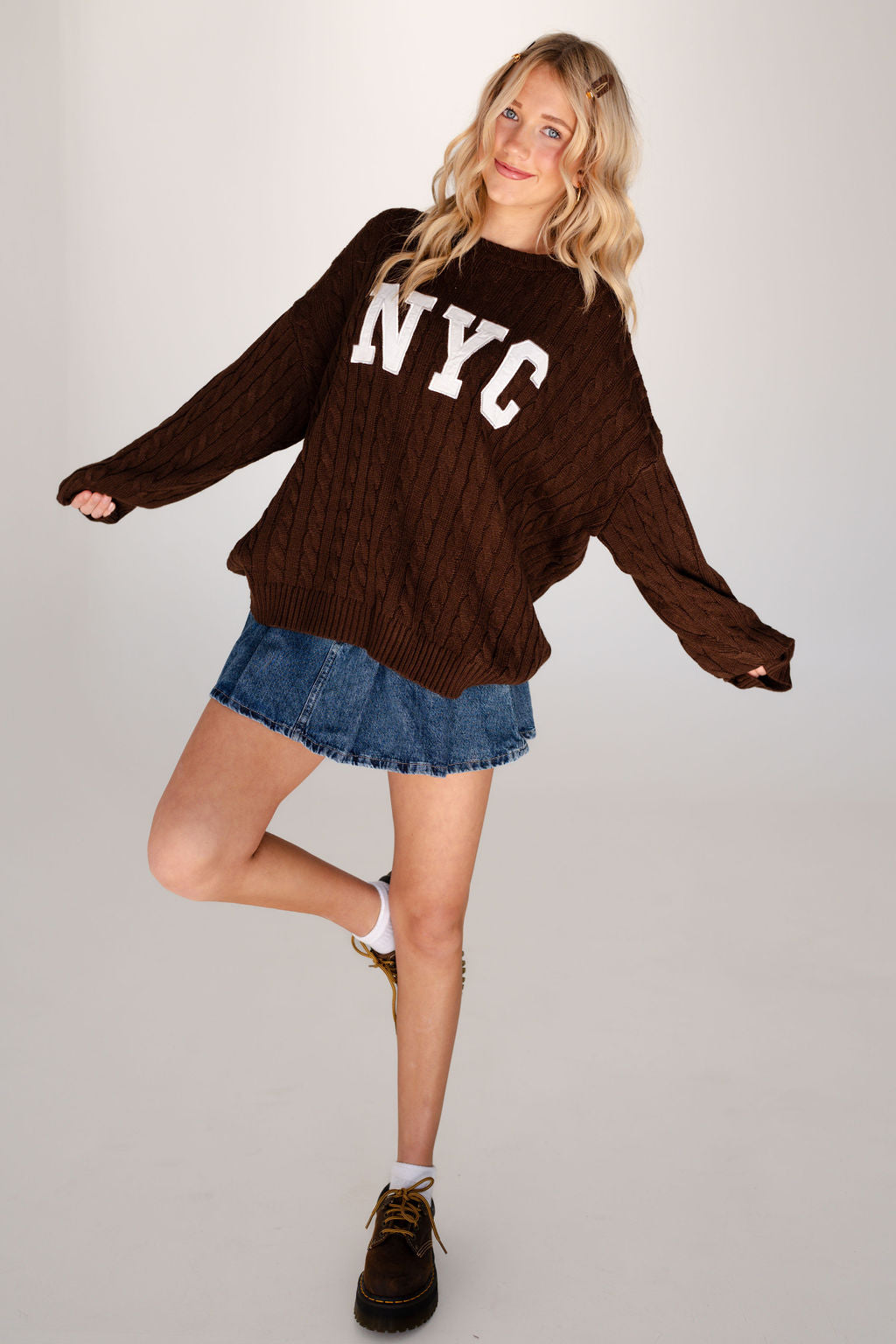 NYC Cable Knit Sweater in Brown