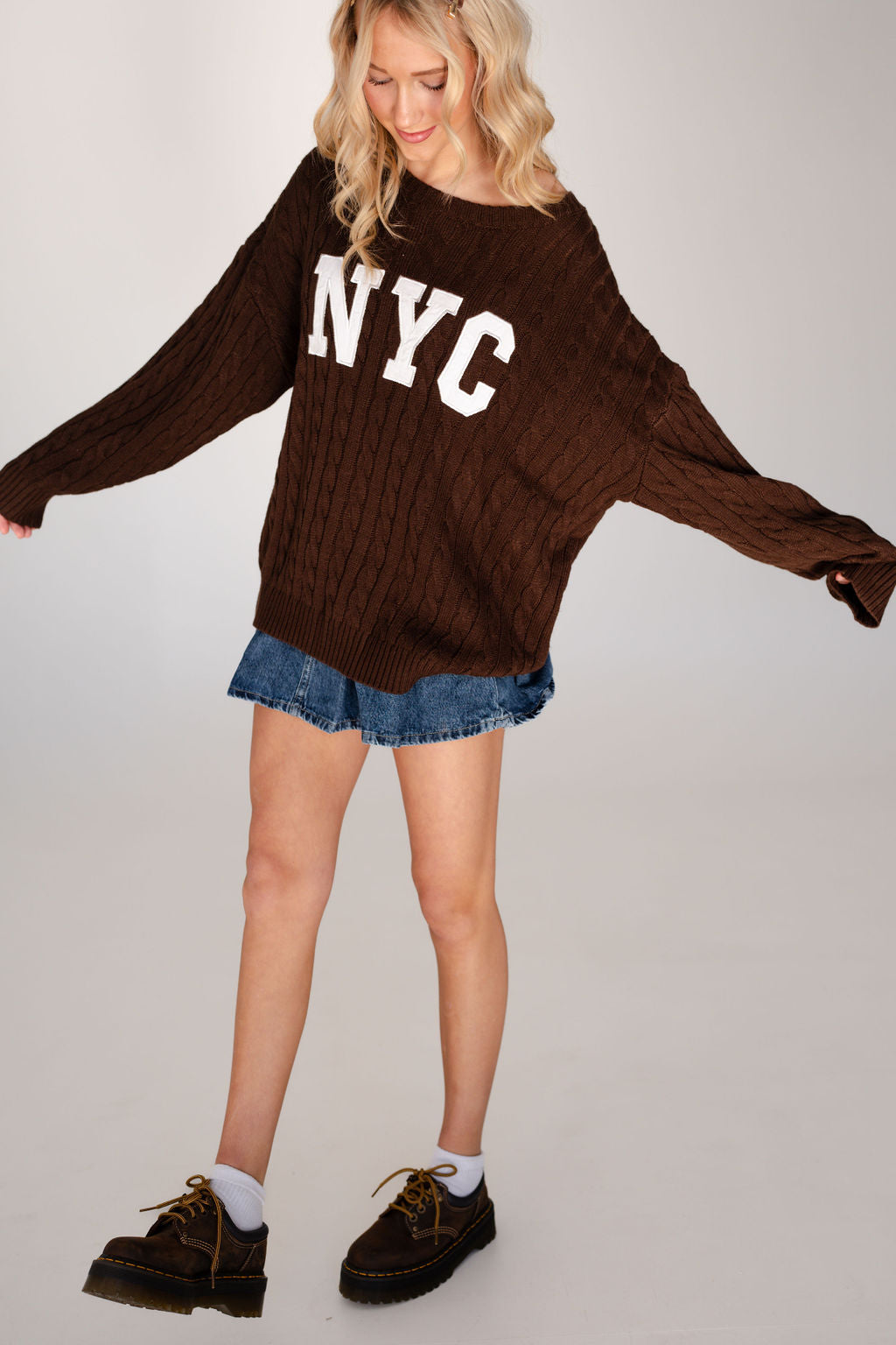 NYC Cable Knit Sweater in Brown