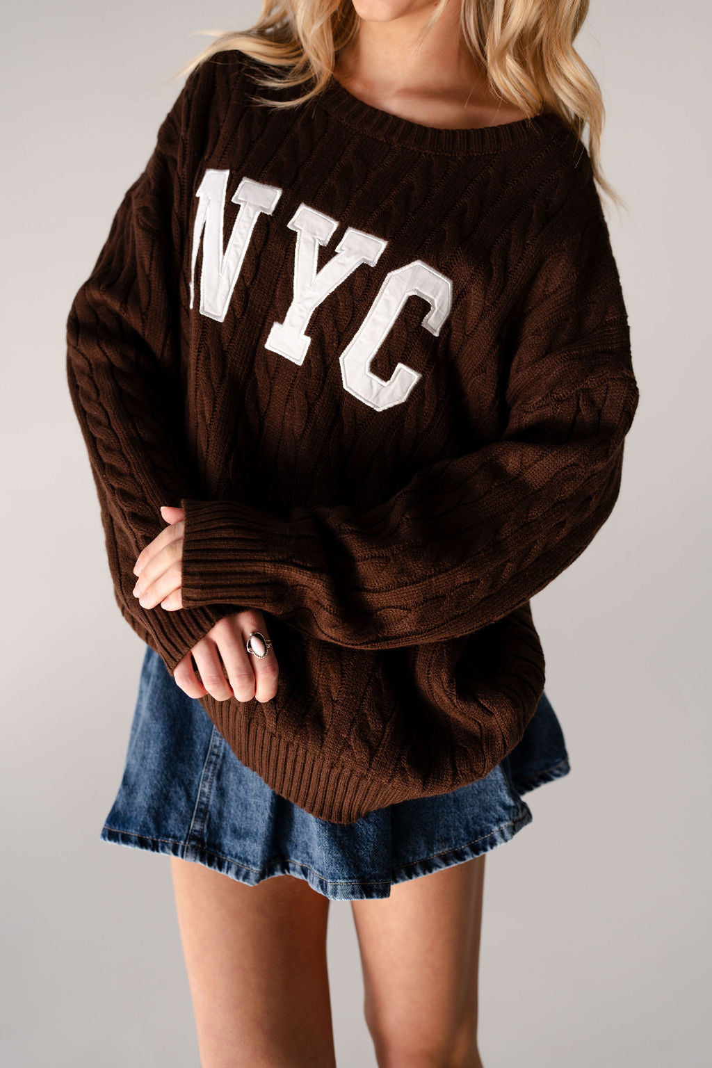 NYC Cable Knit Sweater in Brown