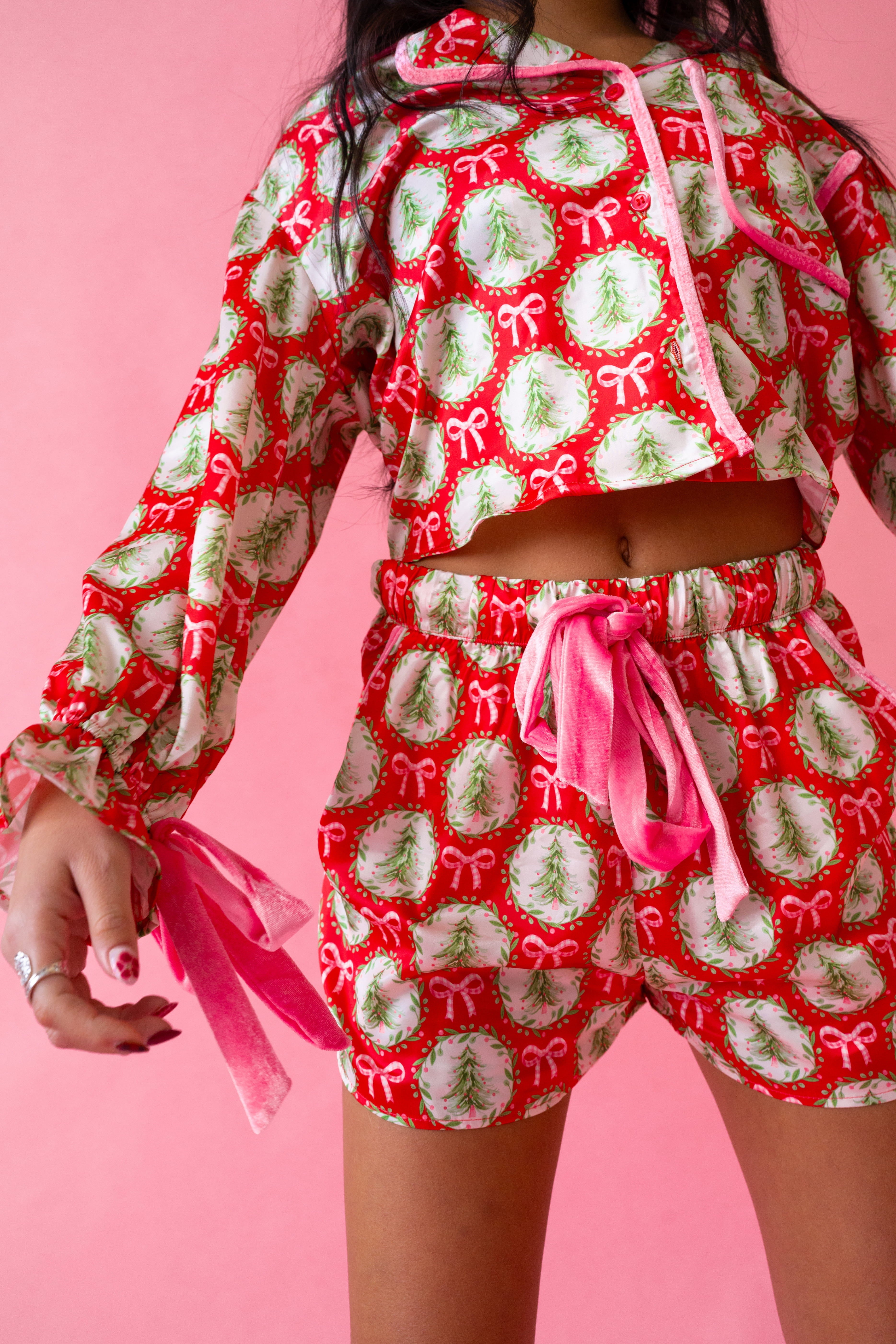 Christmas Bow Satin Pajama Set in Red