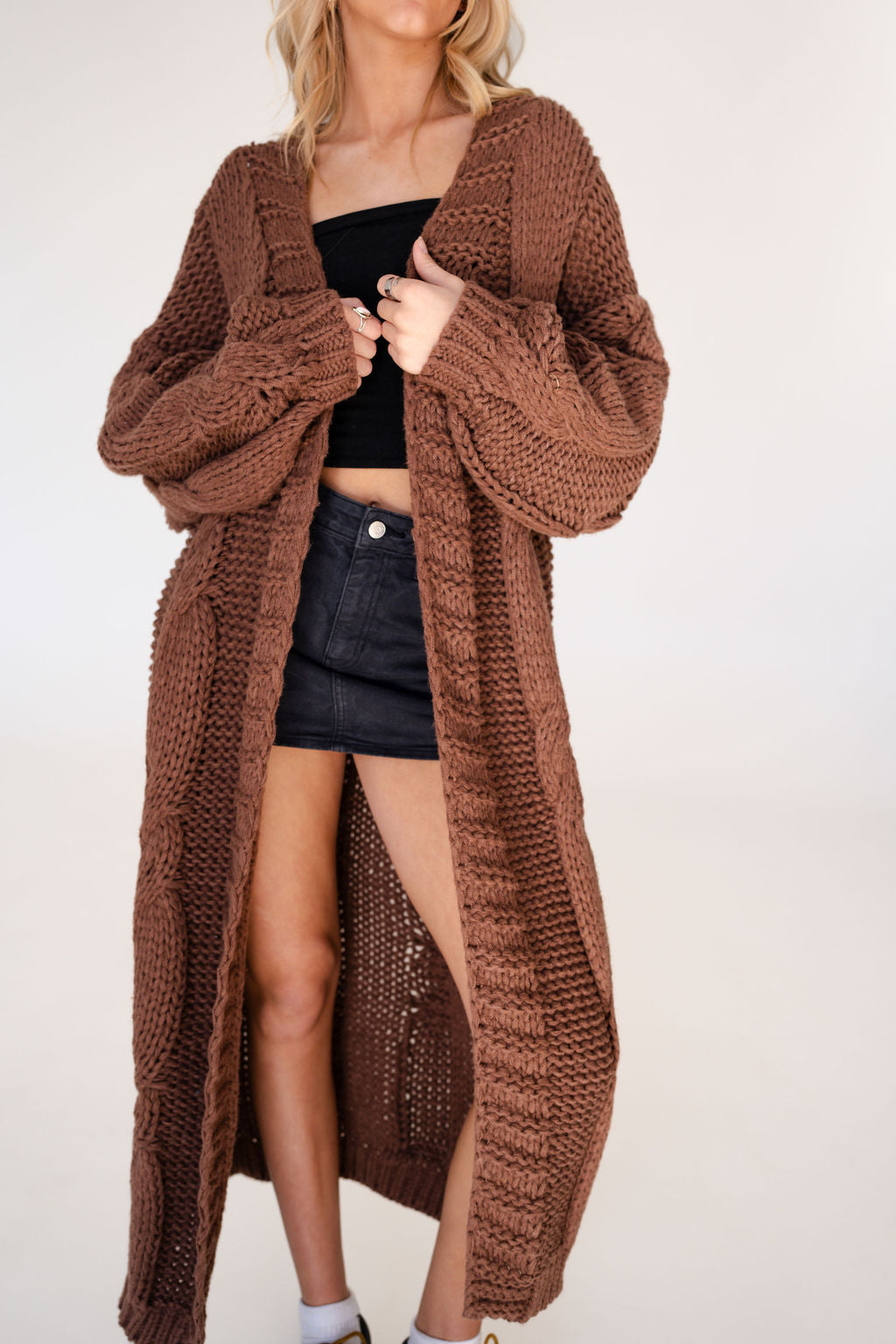 Della Long Oversized Knit Cardigan in Brown