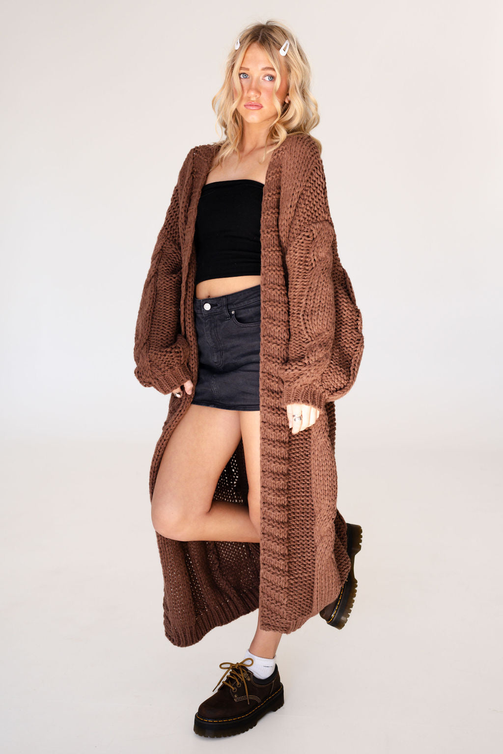 Della Long Oversized Knit Cardigan in Brown