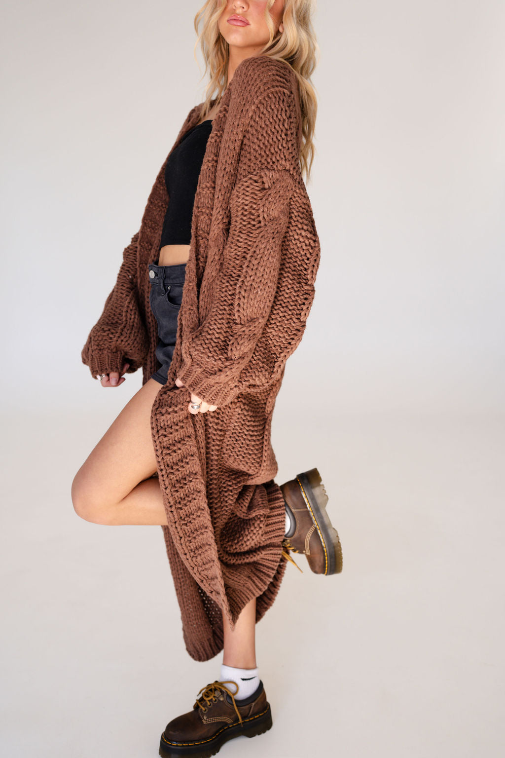 Della Long Oversized Knit Cardigan in Brown