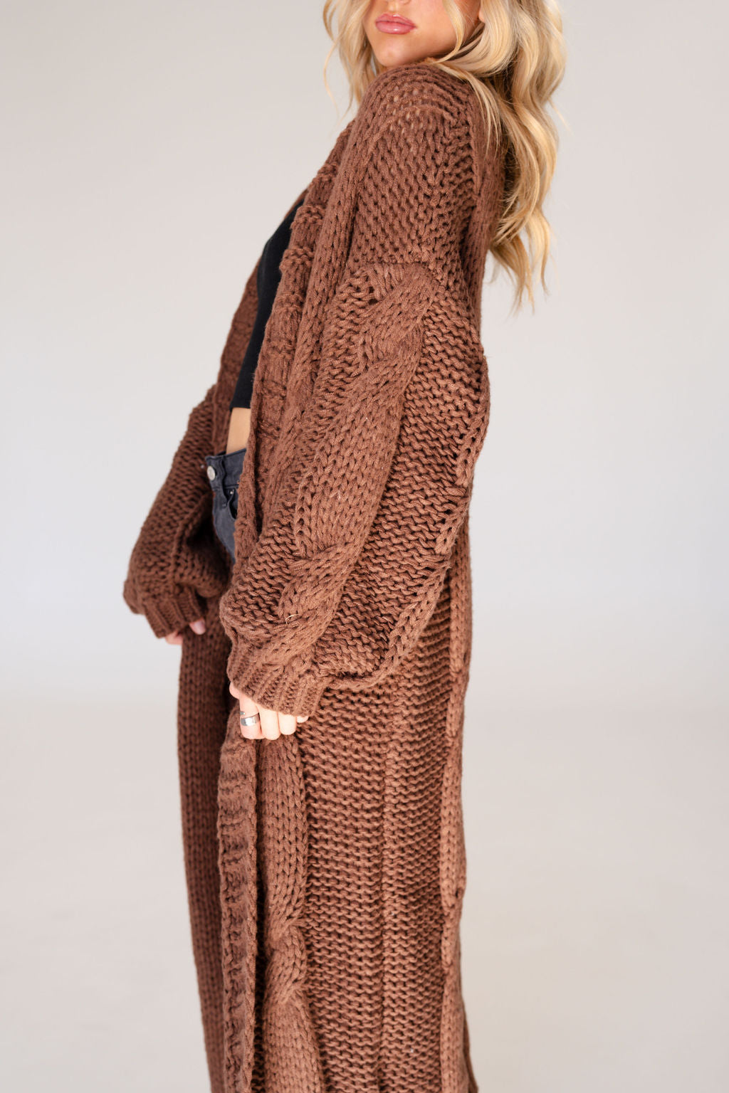 Della Long Oversized Knit Cardigan in Brown