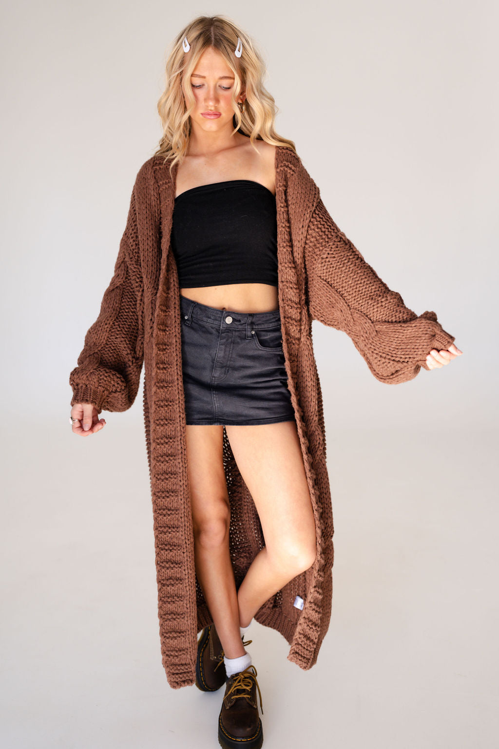 Della Long Oversized Knit Cardigan in Brown