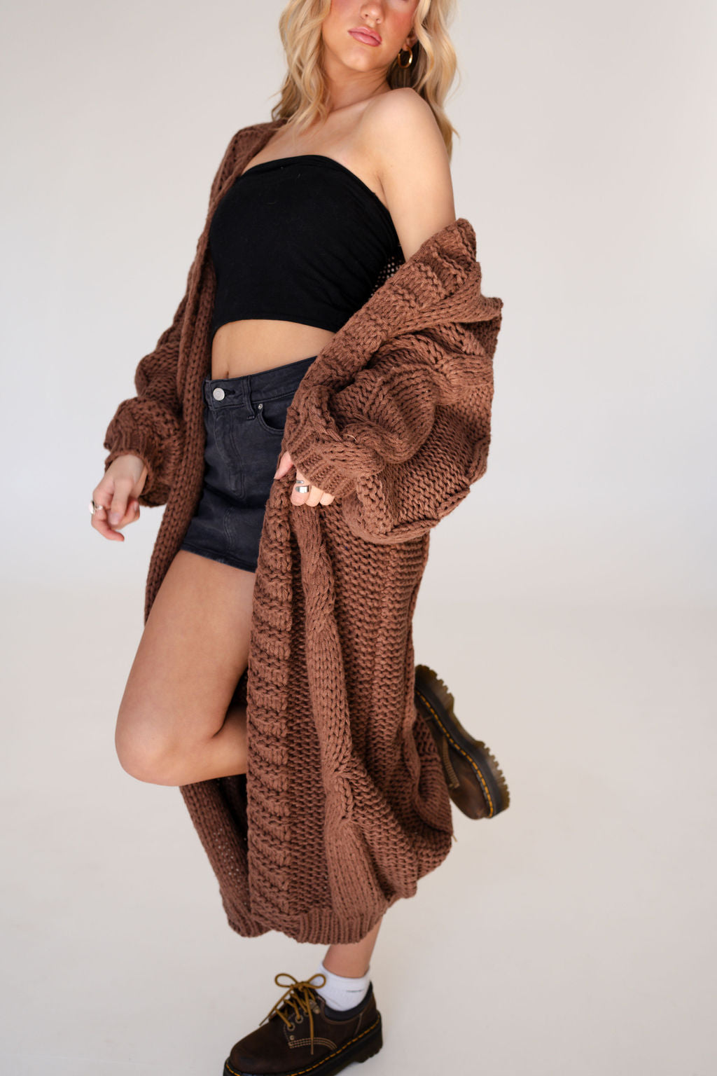 Della Long Oversized Knit Cardigan in Brown