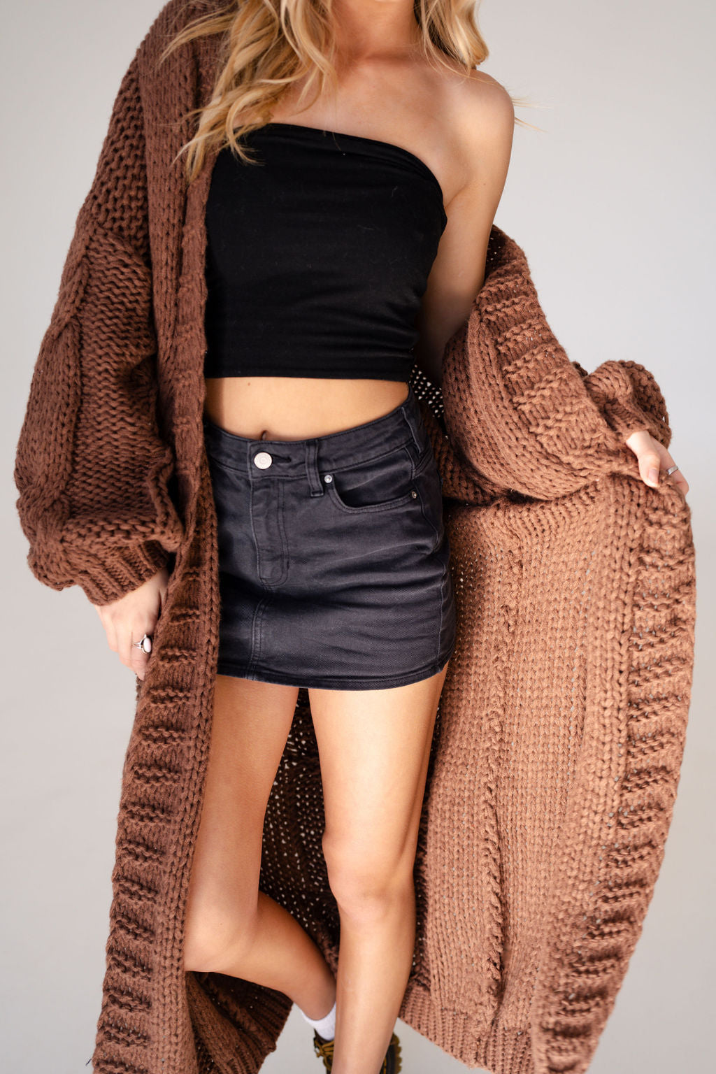 Della Long Oversized Knit Cardigan in Brown