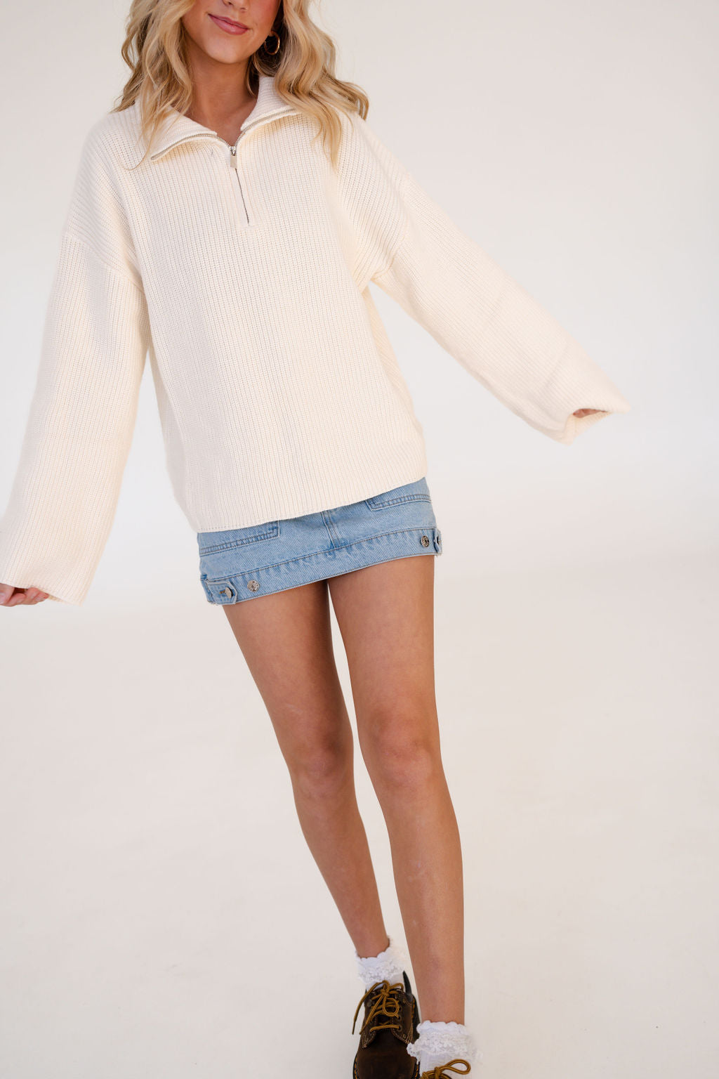 Kate Oversized Quarter Zip Sweatshirt in Cream