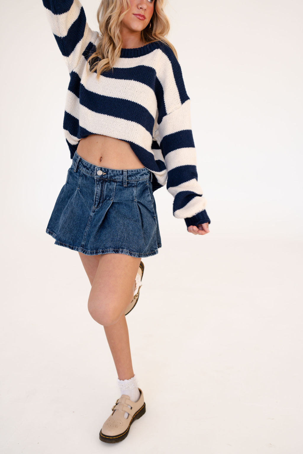 Claire Off Shoulder Stripe Sweater in Navy/Ivory