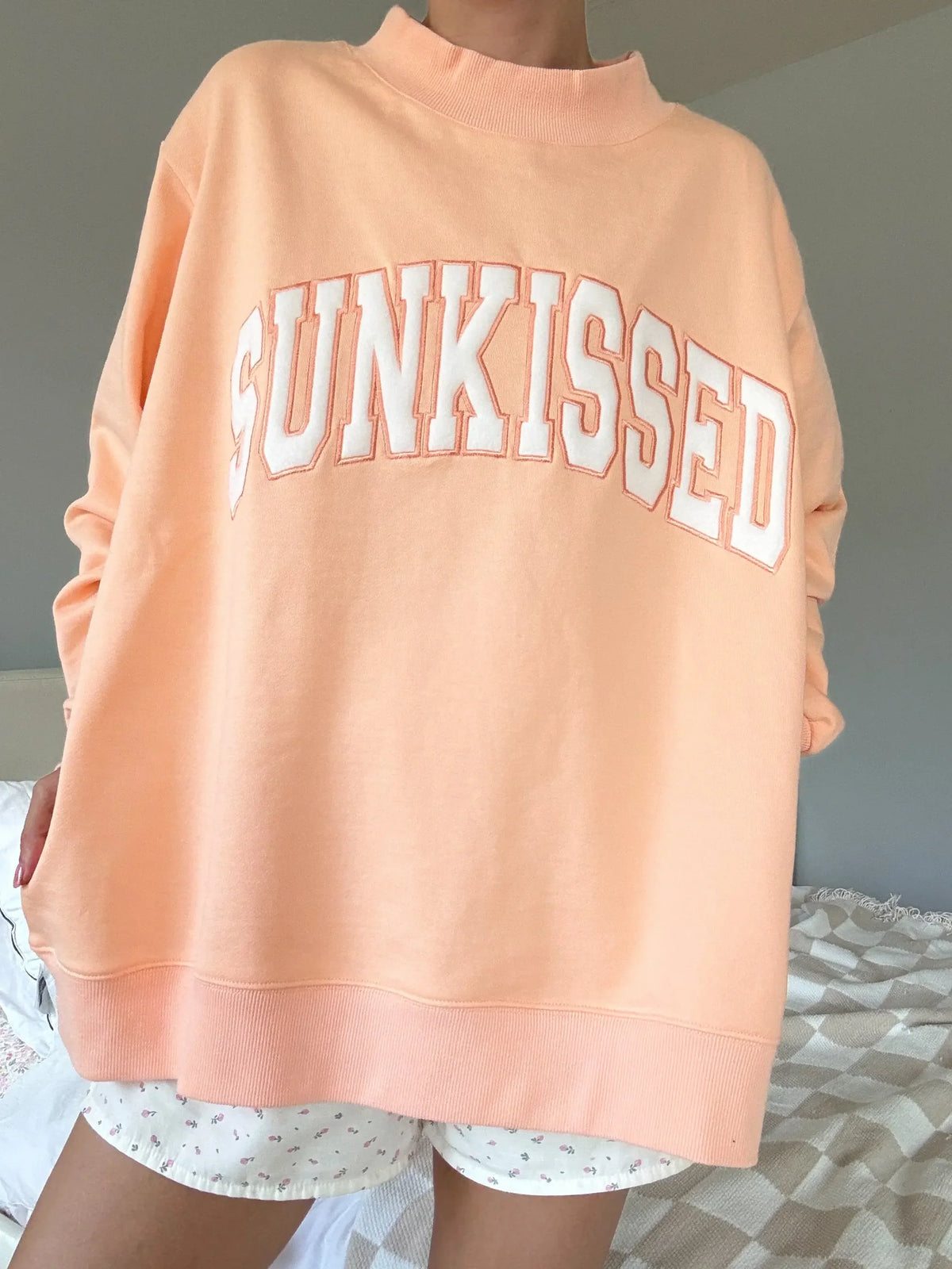 Mockneck Sunkissed Varsity Embroidered Sweatshirt in Papaya Orange