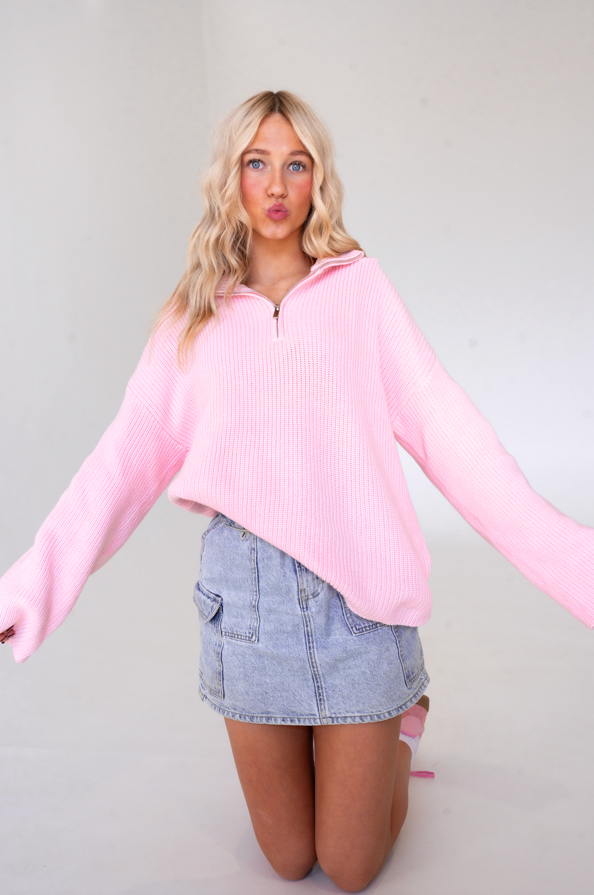 Kate Oversized Quarter Zip Sweatshirt in Blush