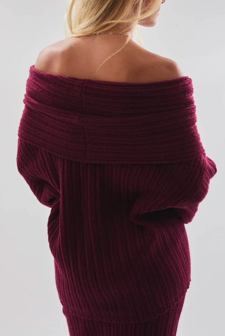 Charlize Off Shoulder Ribbed Sweater in Ruby