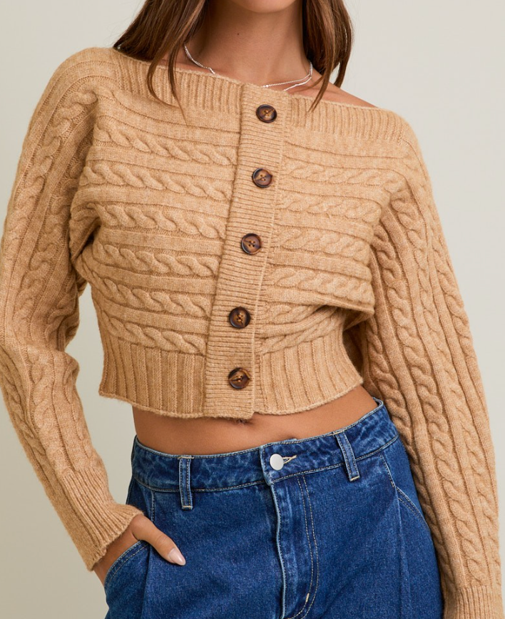 Shelby Off Shoulder Button Sweater Top in Beige