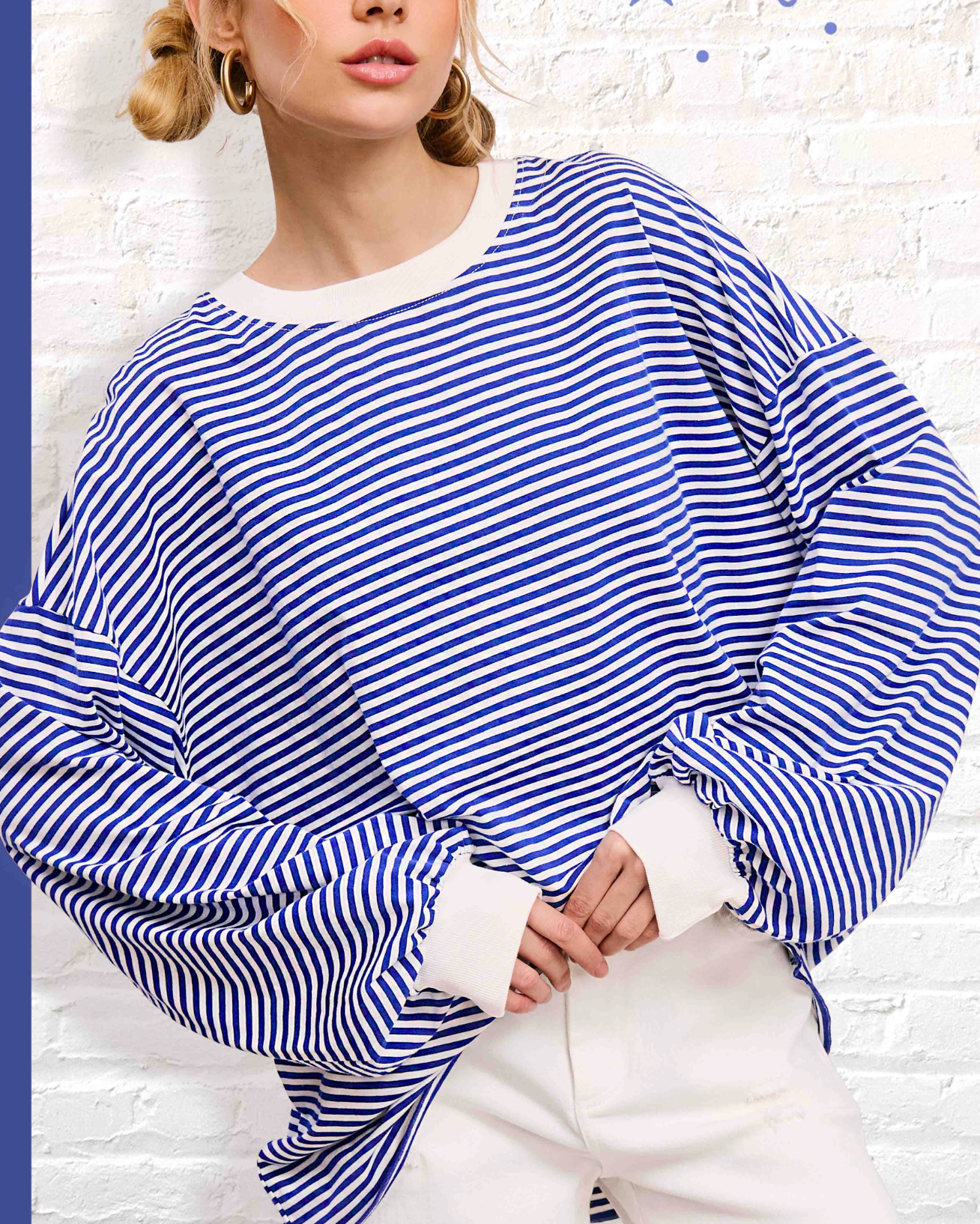 Allie Striped Contrast Hem Crewneck in Blue
