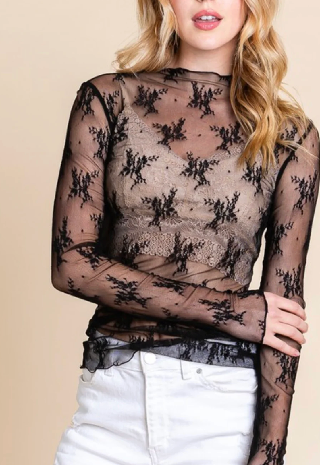 Anastasia Mesh Lace Long Sleeve Top in Black