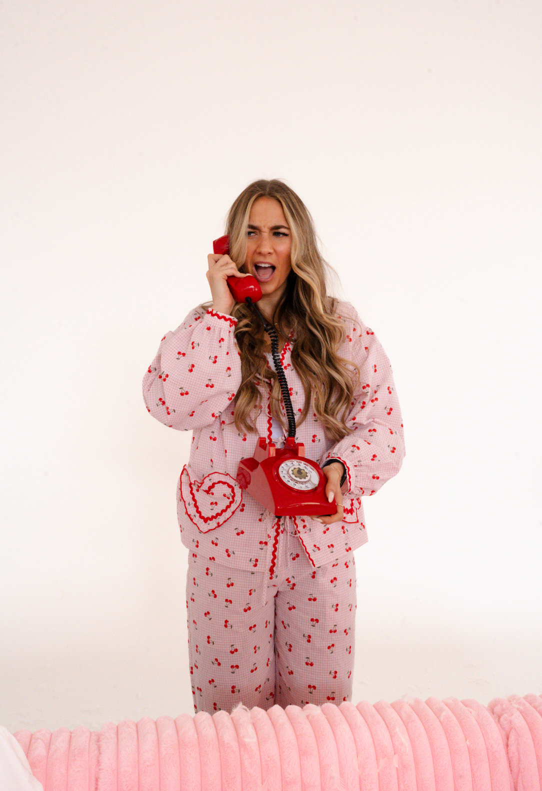 Lucille Cherry Gingham Pajama Set in Pink