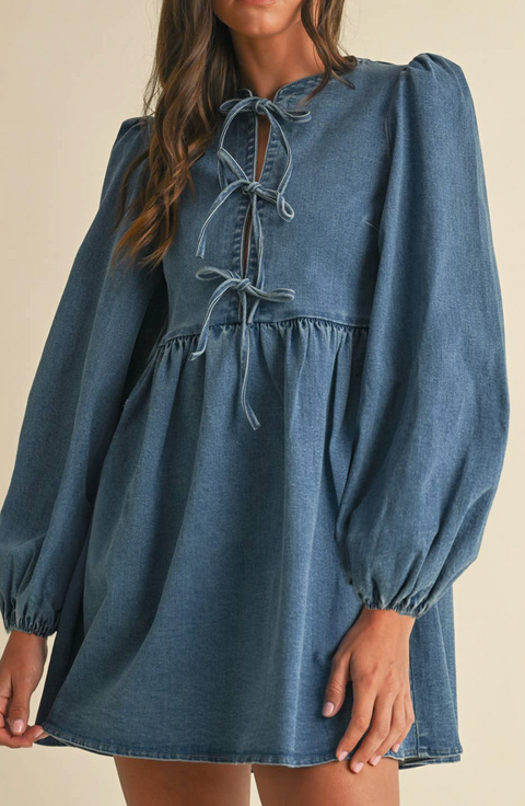 Graylee Tie-Front Denim Babydoll Dress Medium Denim / L